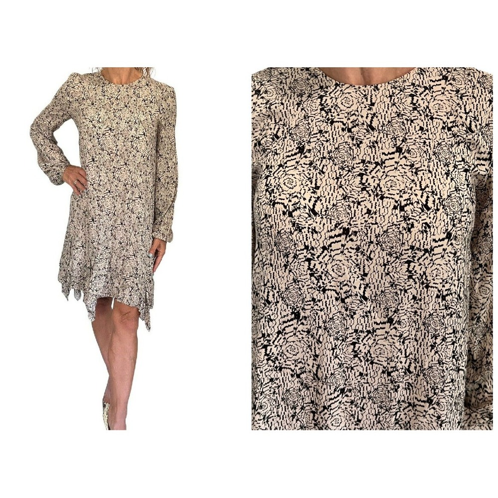 THOMAS WYLDE Los Angeles Tan Black Floral Long Sleeve Handkerchief Dress XS